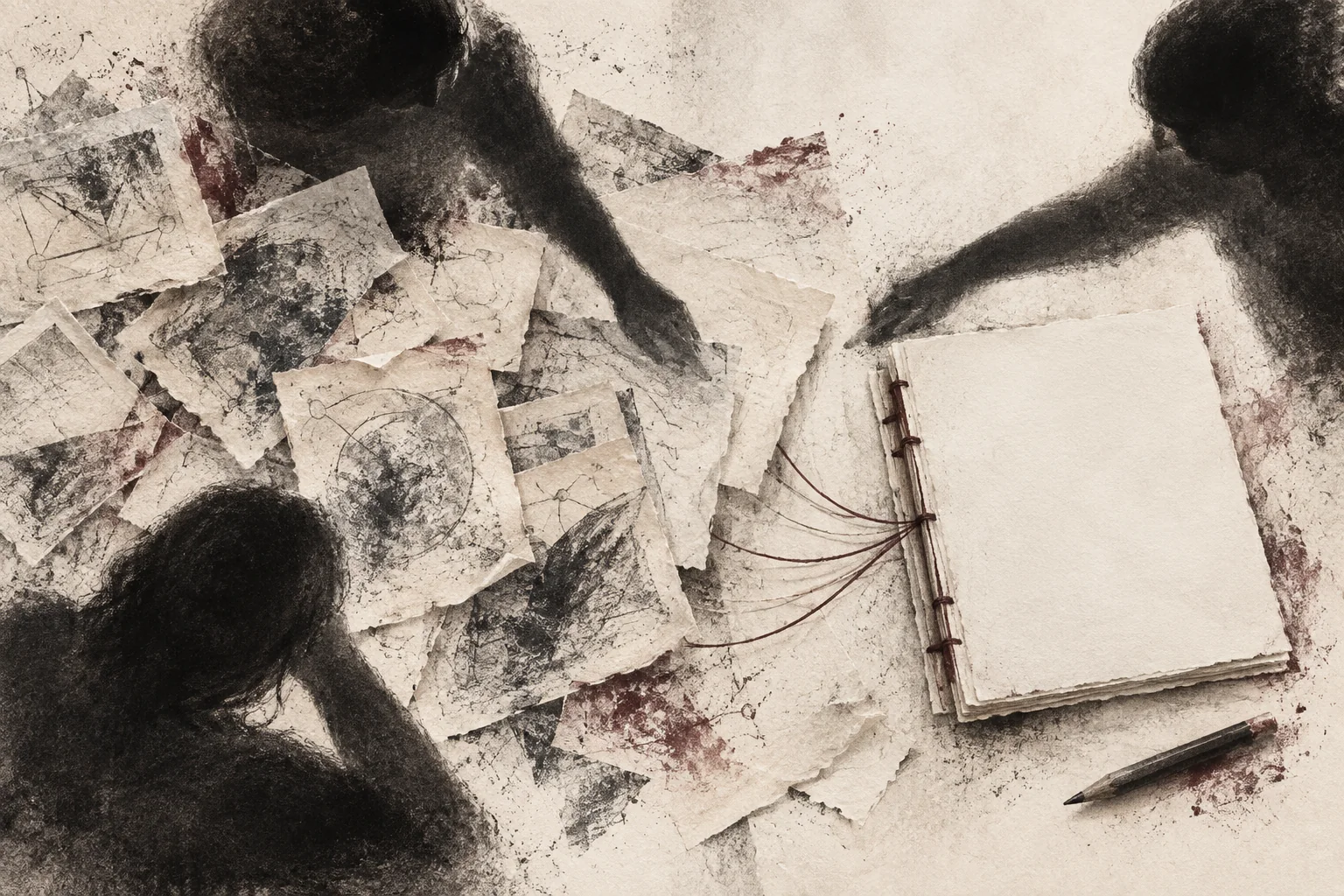 Many working drafts converging on a single bound manuscript.